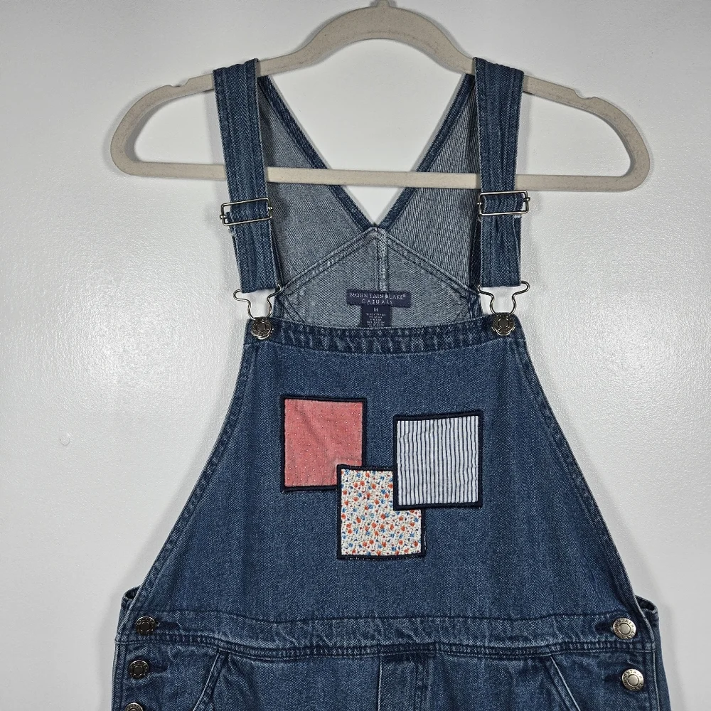Vintage 90s Mountain Lake Casuals Patchwork Cropped Blue Jean Overalls Medium